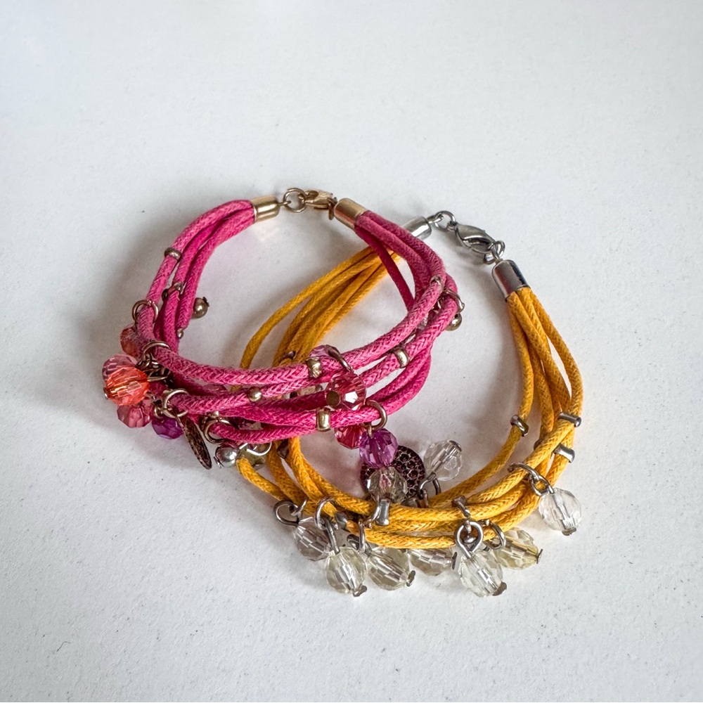 bracelets, set of 2, clasp closure and beading, pink & yellow